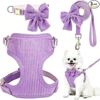 Small Dog Collar Harness and Leash Set with Bowtie, Adjustable Dog Harness Collar and Leash Set with Secure Metal Buckle, Breathable Cotton Adjustable Pet Puppy Harness, Easy Walk Harness, M(16-21")