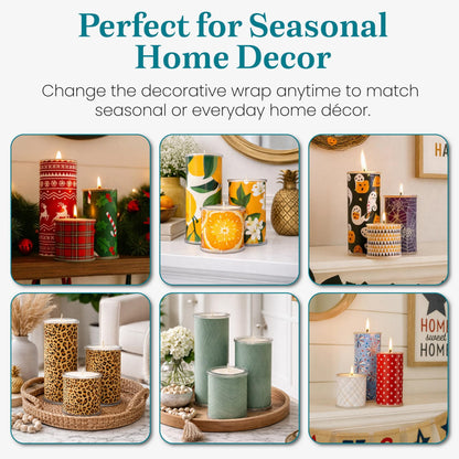 Decorative Candle Holder Set of 3, Table Centerpiece Candles for Home Decor, Reusable Pillar Candle Alternative with Interchangeable Wraps, Refillable Tea Light System, Giftable Holiday Decor Accent
