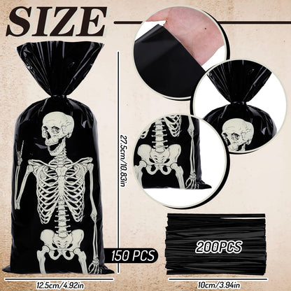 Whaline 150 Pcs Halloween Cellophane Gift Bags with 200 Pcs Twist Ties Funny Skeleton Party Favor Bags Candy Goodie Treat Bags for Trick or Treat Birthday Party Supplies