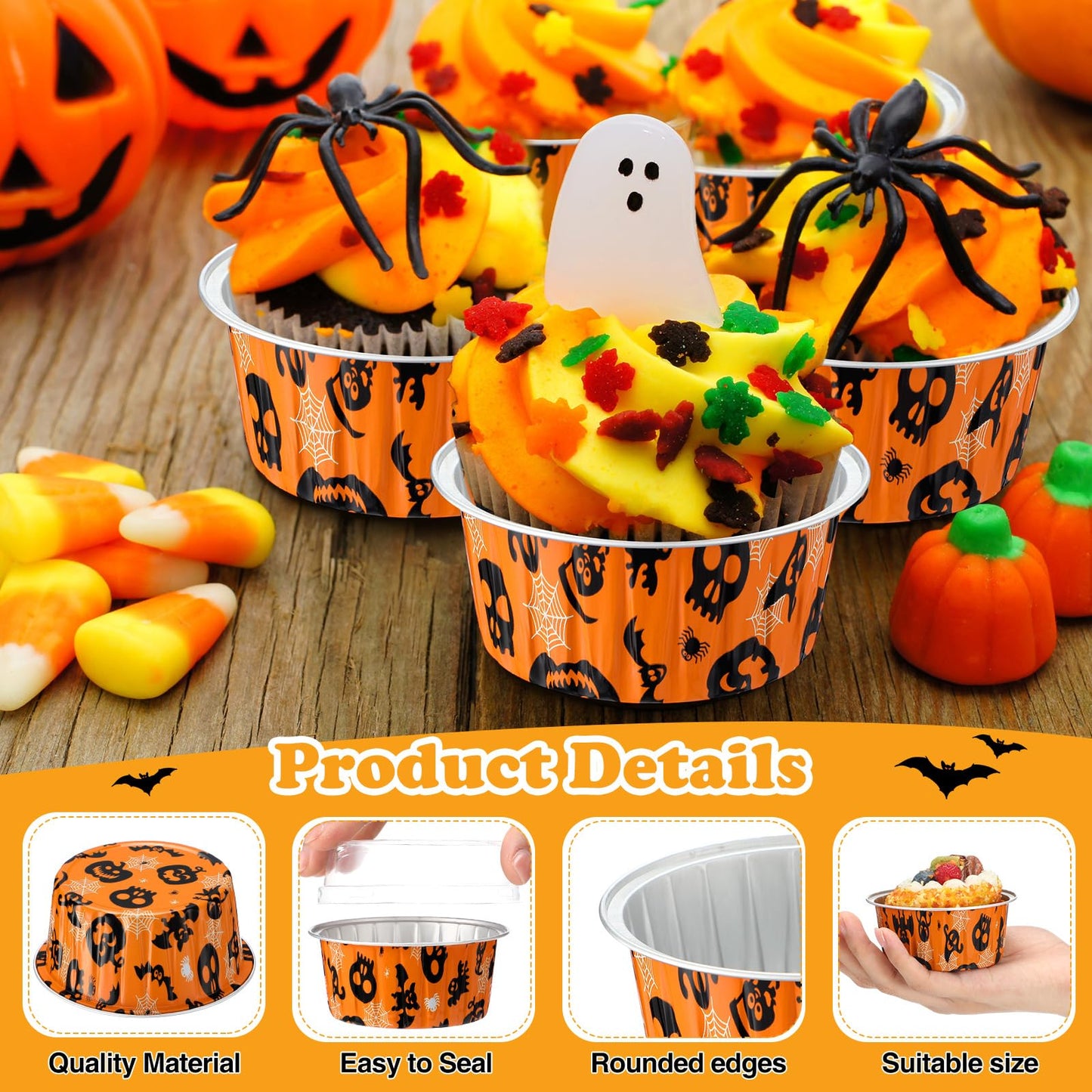 Gandeer 200 Pack Halloween Cupcake Baking Cups with Lids, Aluminum Foil 5 oz Round Cupcake Liners, Disposable Cake Pans, Mini Dessert Containers Flan Mold for Halloween Spooky Party