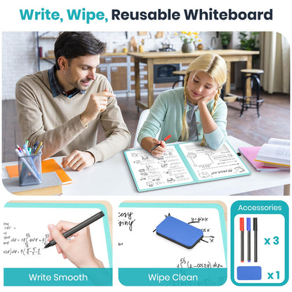 WALGLASS Double-Sided Small White Board Dry Erase, 12'' x 9'' Portable Reusable Whiteboard Notebook, Foldable Mini Handheld Board for Students Practice, Home, School, Office, Travel - Blue PU Leather