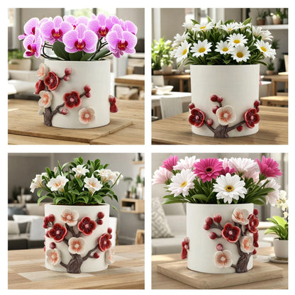 Gueiddi Flower Pot, 5 Inch Cute Plant Pots with Plum Blossom Design, Resin Decorative Flower Pots with Drainage for Indoor Plants, Succulents, Home and Garden Decor
