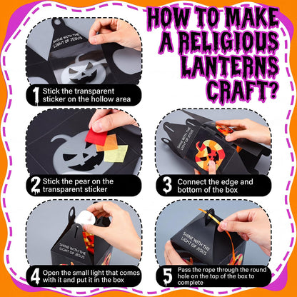 Simgoing 12 Sets Halloween Jack-O-Lantern Crafts with LED Candlelight Christian Shine with the Light of Jesus Tissue Paper Crafts Kits DIY Religious Hanging for Halloween Party Decors