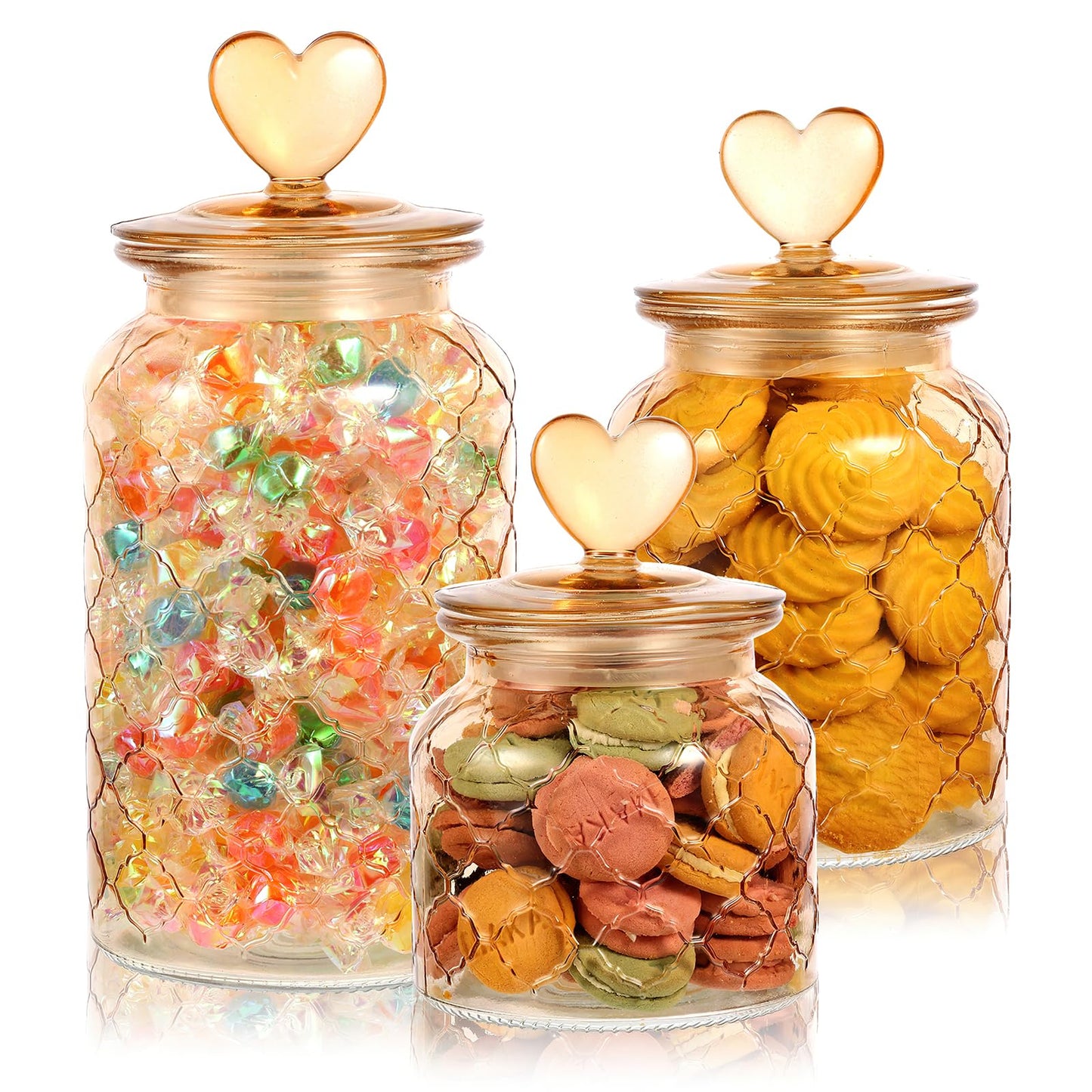 Rainmae 3 Pcs Heart Candy & Cookie Jars with Lids, 22 32 45 oz Cute Heart Shaped Airtight Food Storage Glass Cookie Containers for Kitchen Decorative Apothecary Canisters (Amber)