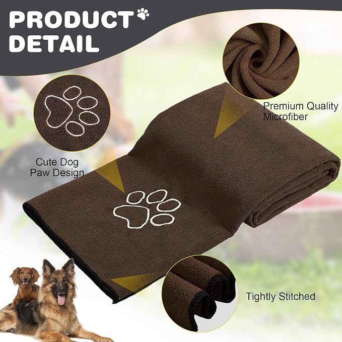 Chumia 4 Pack Dog Towels for Drying Large Microfiber Grooming Tools Absorbent Soft Bath Supplies with Embroidered Paw for Small Medium Pet Products (30 x 50 Inch,Blue,Black,Gray,Brown)