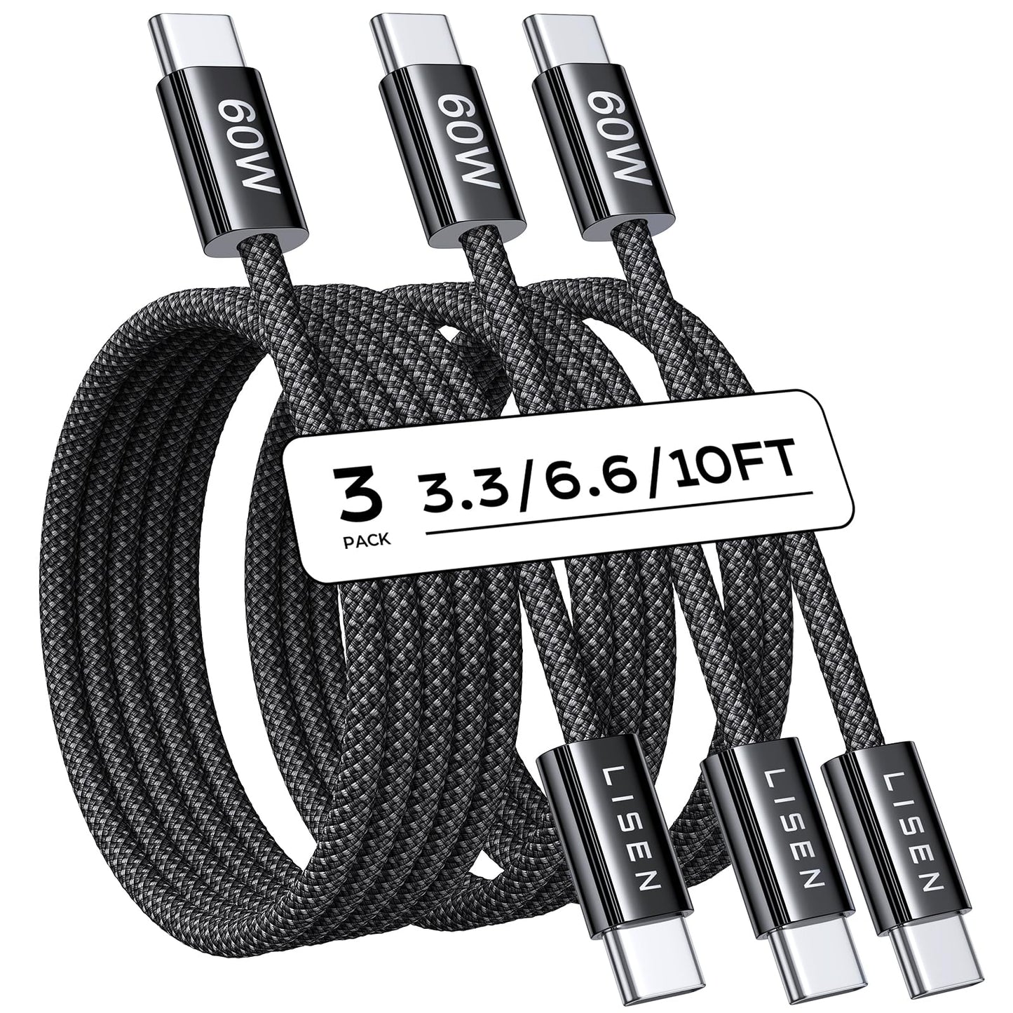 LISEN for iPhone 16 15 USB C to USB C Fast Charging, 60W USB C Cable Type C Fast Charging Cable for iPhone 16 15,Samsung Galaxy S25 Ultra Plus S24 S23 iPad Pro 13 12.9inch, iPad Air 5,White 3Pack 6FT