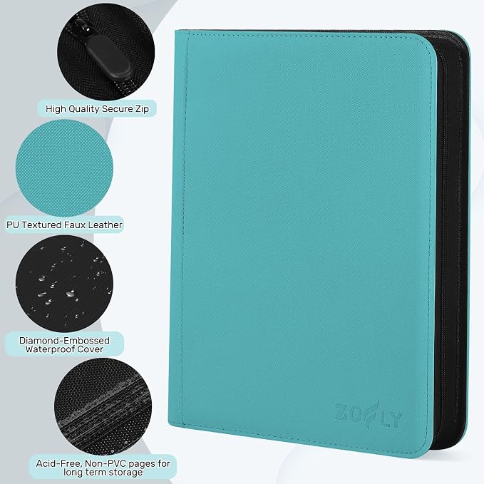 1000+ Pockets Trading Card Binder, 16 Pocket Zipper Binder Card Album, 32 Pack Double-sided Side Loading Non-Ring Card Binder, Card Holder Folders for MTG, TCG, Game Cards & Sports Cards, Teal
