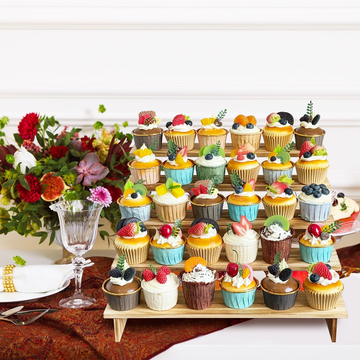 5 Tier Wooden Cupcake Stand for 50 Cupcakes - Rustic Cupcake Holder Stand for Wedding, Birthday, Party Display