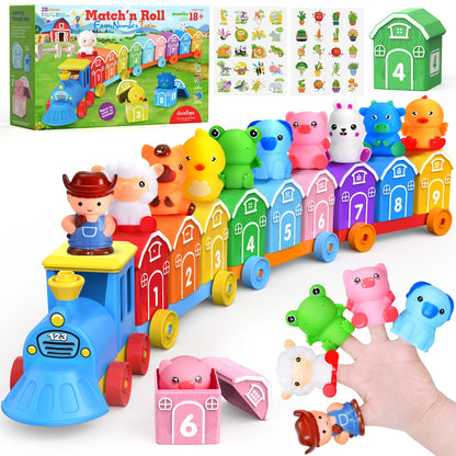 GooMags Montessori Toys for Toddlers, Farm Animal Train Set with Counting Matching Sorting Activities 9 Barns, 10 Finger Puppets, 2 Stickers-Learning Toys for Baby Boys Girls, Preschool Gift
