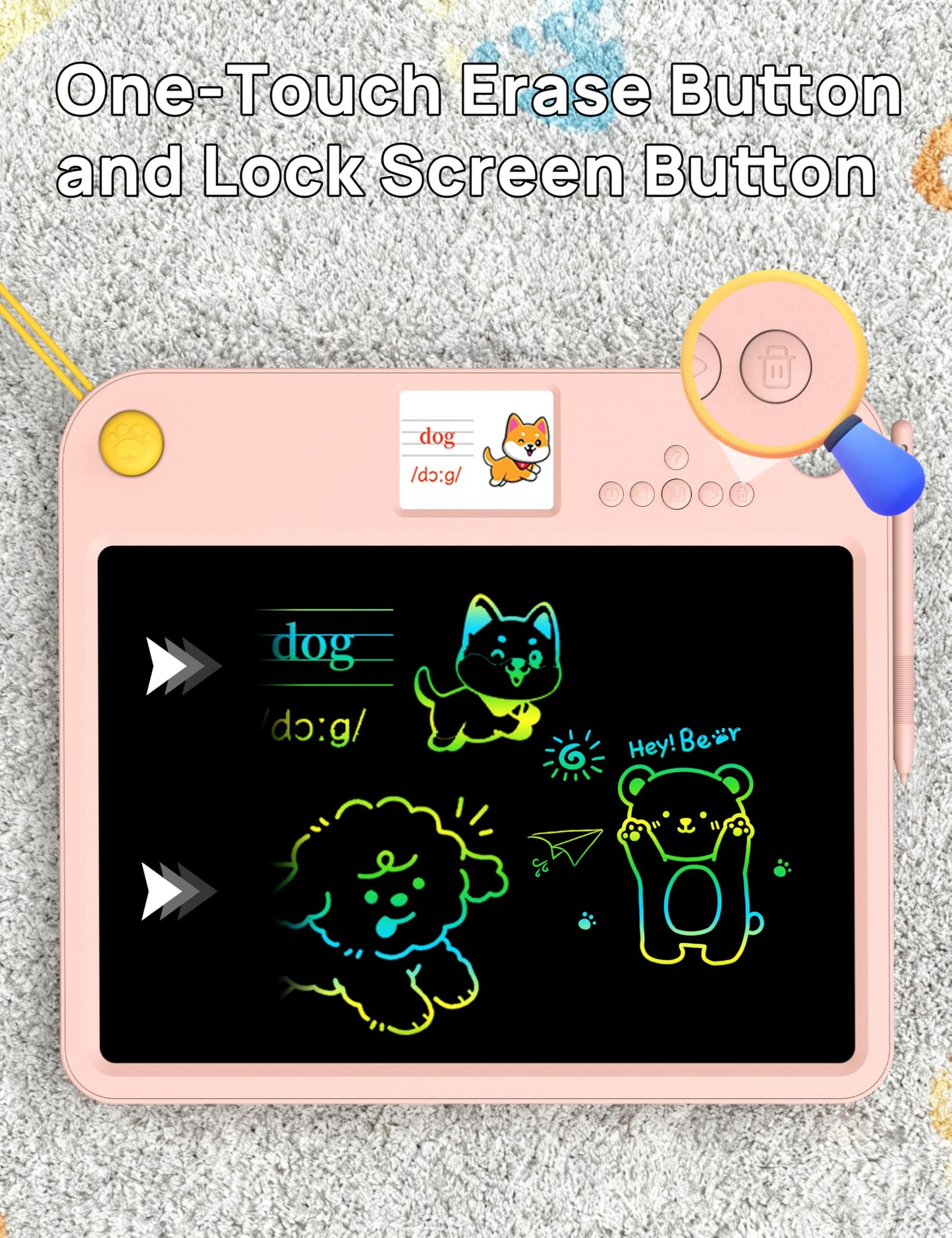 Multifunctional LCD Writing Tablet for 4-9 Kids Dual-Screen Pad（9 Learning Themes） Charging Erasable Board with Extra Stylus Lock Switch,Educational Learning Toys Birthday Gifts for Girls Boys (Pink)