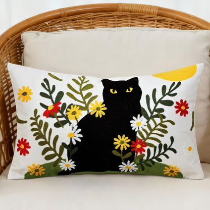 Cythasily Embroidered Pillow Covers 12x20 Inch Set of 1, Black Cat and Floral Patterned Decorative Throw Pillow Covers Lumbar Farmhouse Canvas Cushion Cases for Couch Sofa Bed Living Room Home Decor