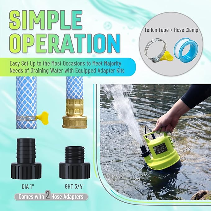 1/3 HP Submersible Water Pump 2000 GPH Portable Small Sump Pump For Pool Cover, Basements, Puddles, Gardens Ponds With 16.4 Ft Power Cord and Hose Adapters, Yellow