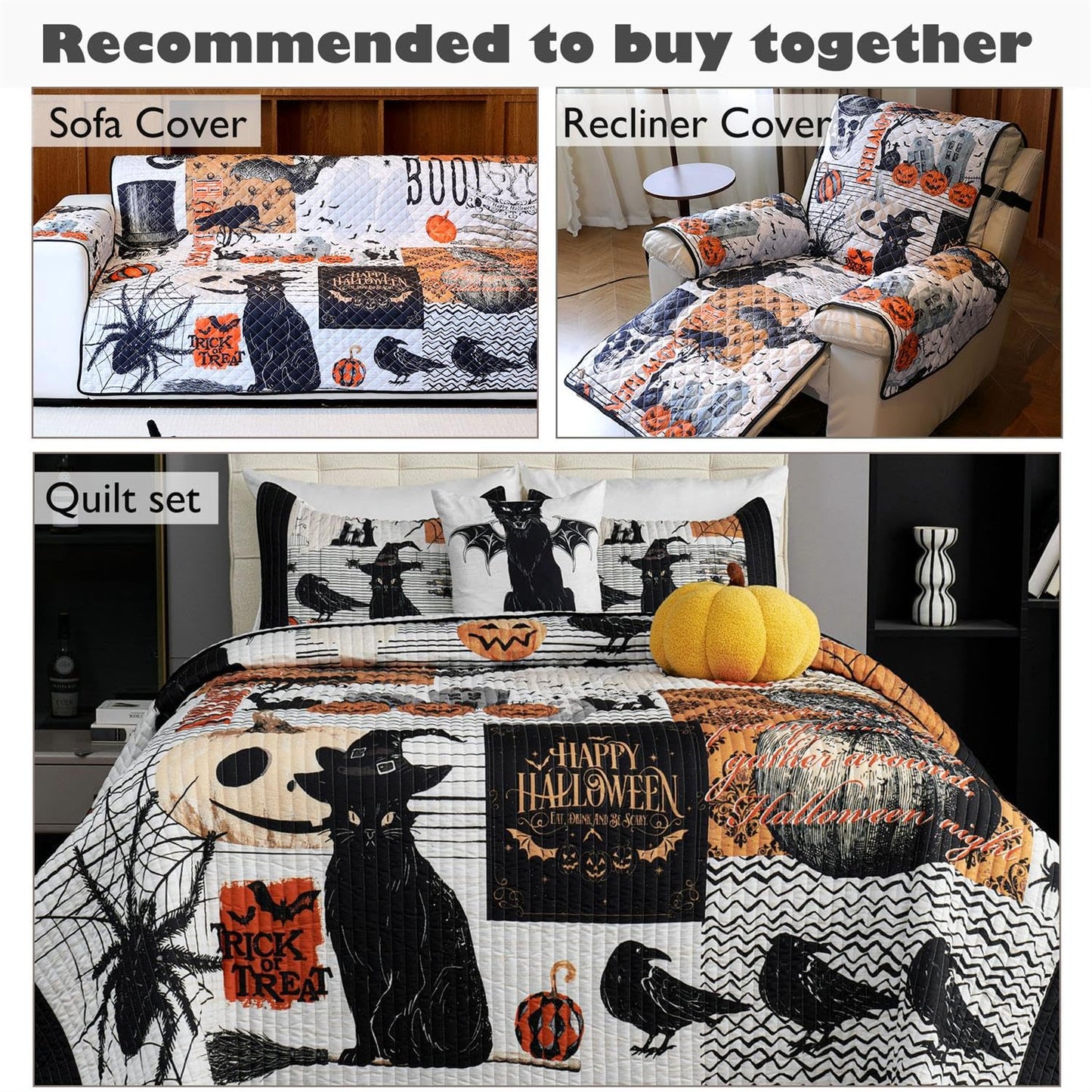 Cmfshape Halloween Skidproof Sofa Cover-Festival Sofa Slipcover with Elastic Straps-Easy Fit Slip Cover-Patchwork Washable Furniture Protector for Pets and Kids(Recliner,Black&Orange)