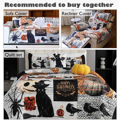 Cmfshape Halloween Skidproof Sofa Cover-Festival Sofa Slipcover with Elastic Straps-Easy Fit Slip Cover-Patchwork Washable Furniture Protector for Pets and Kids(Recliner,Black&Orange)
