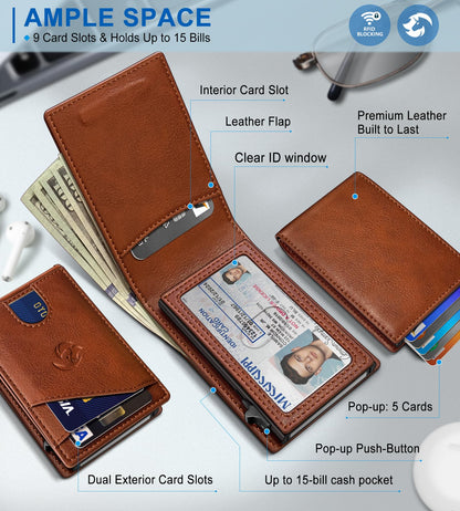 Housmai Wallet for Men, Slim Pop Up Card Holder with RFID Blocking, Minimalist Bifold Wallet with 9 Card Slots, ID Window and Cash Pocket, Metal Flip Case with Magnetic Closure, Gift Box