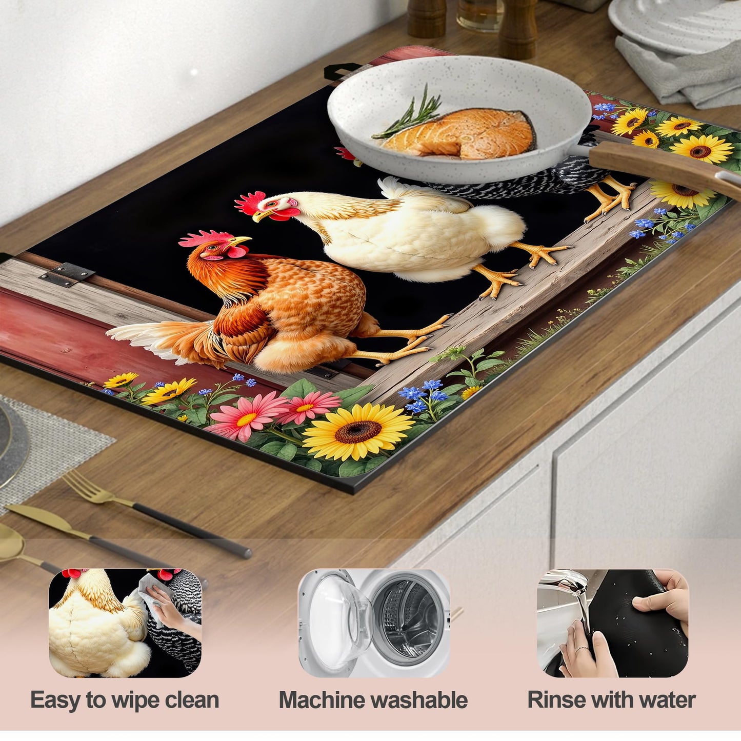 Farm Rooster Chickens Stove Top Cover for Electric Stove 28x20 Inch Silicone Stove Topper & Protector, Decorative Kitchen Mat for Electric/Glass Stove Top