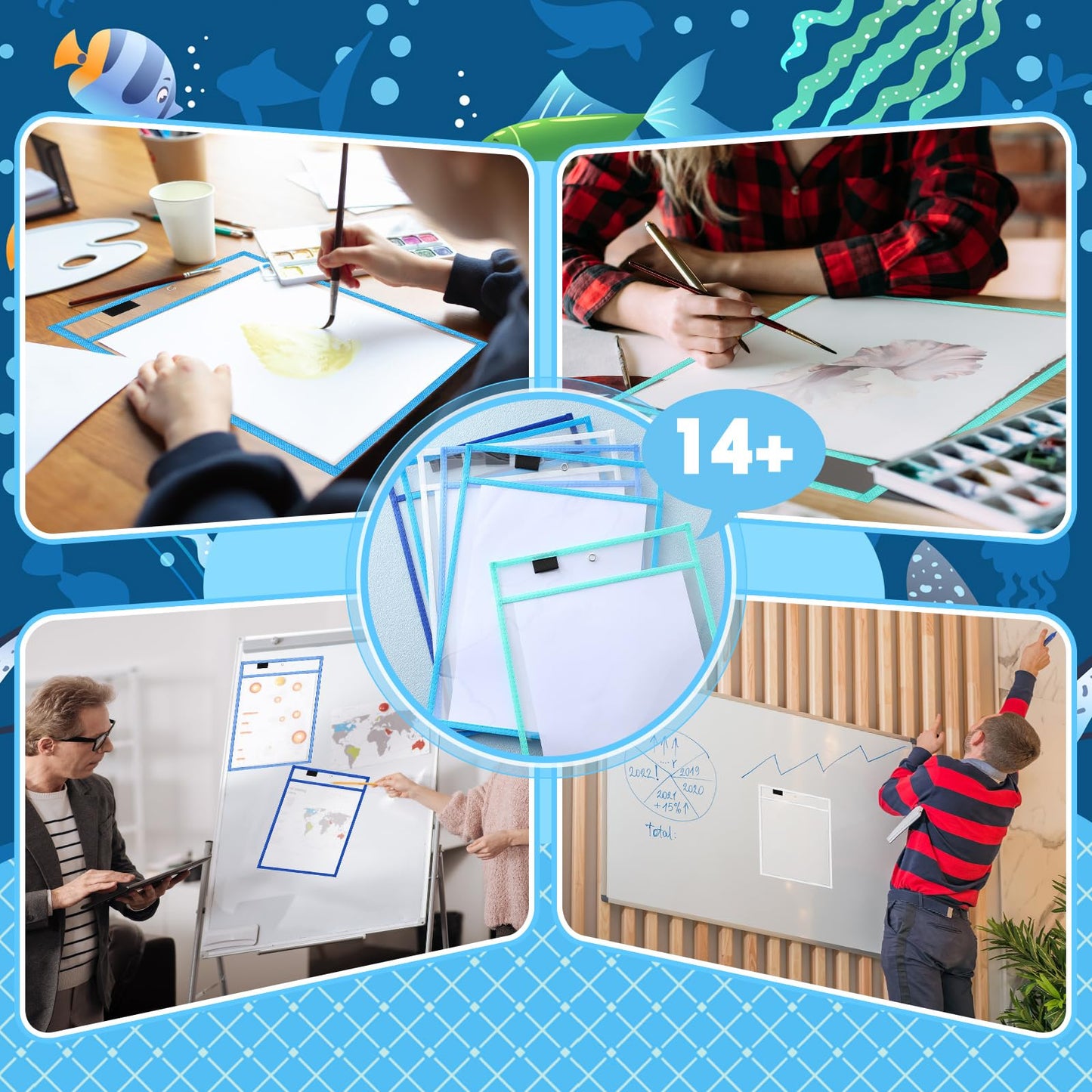 24 Pcs Dry Erase Pocket Reusable Sleeves 10" x 14" Clear Plastic Sheet Protectors with Markers and Mini Dry Erasers for Paper(Ocean Teal)