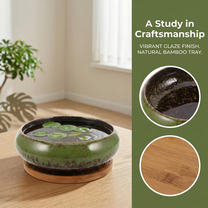 DECHOUS Ceramic Lotus Bowl Planter 7 Inch Round Shallow Succulent Planter Glazed Flower Plants Pot with Bamboo Tray for Lotus Seeds, Bonsai, Home Indoor Decor