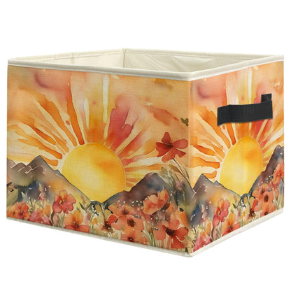 WARDOS Boho Sun Wildflower Storage Bin Box with Handles, Watercolor Mountain Sunset Floral Botanical Foldable Linen Fabric Laundry Basket for Home Bedroom Bathroom Clothes Toys Books