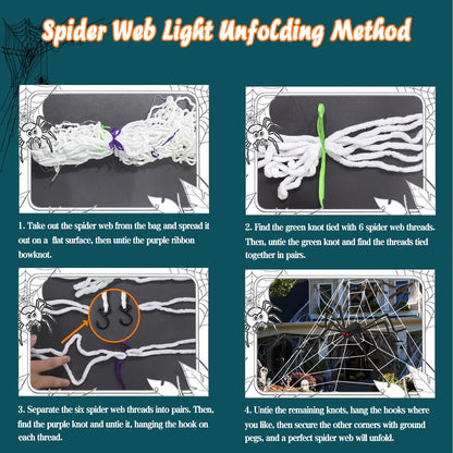 Halloween Giant Spider Web Lights, Spider Web Decoration with 50" Plush Spider & Stretch Cobweb, Powered by Adapter Plug, Remote Control 8 Lighting Modes, Perfect for Scary Halloween Yard Decorations