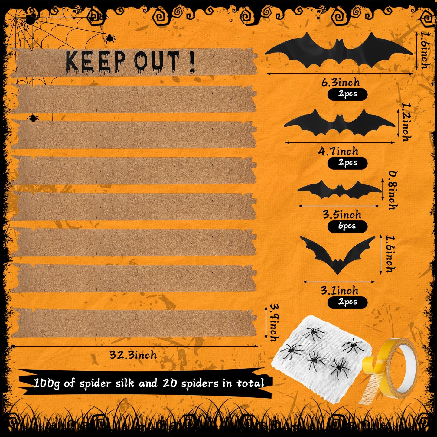 MotiMind Halloween Door Decorations Haunted Window Boards with "Keep Out" Board 3D Bat Stickers Simulation Spider Web Little Spider for Halloween Door Window Wall Terrifying Atmosphere Decor