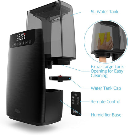 Pure Enrichment HumeXL Pro Warm and Cool Mist Humidifier - Easy-to-Clean 5-Liter Water Tank, Humidity Sensor, Two 360-Degree Rotating Mist Nozzles, Touch-Button Control, LED Display and Remote Control