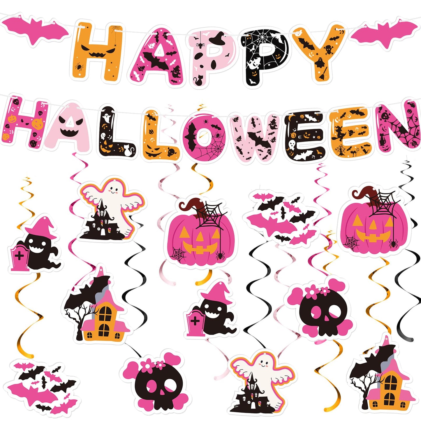 Halloween Spooky Girls Night Decorations Hot Pink Happy Halloween Banner with Hanging Swirls Cute Spider Web Pumpkin Bats Ghost Hanging Swirls Pink Party Decorations for Birthday Bachelorette Party