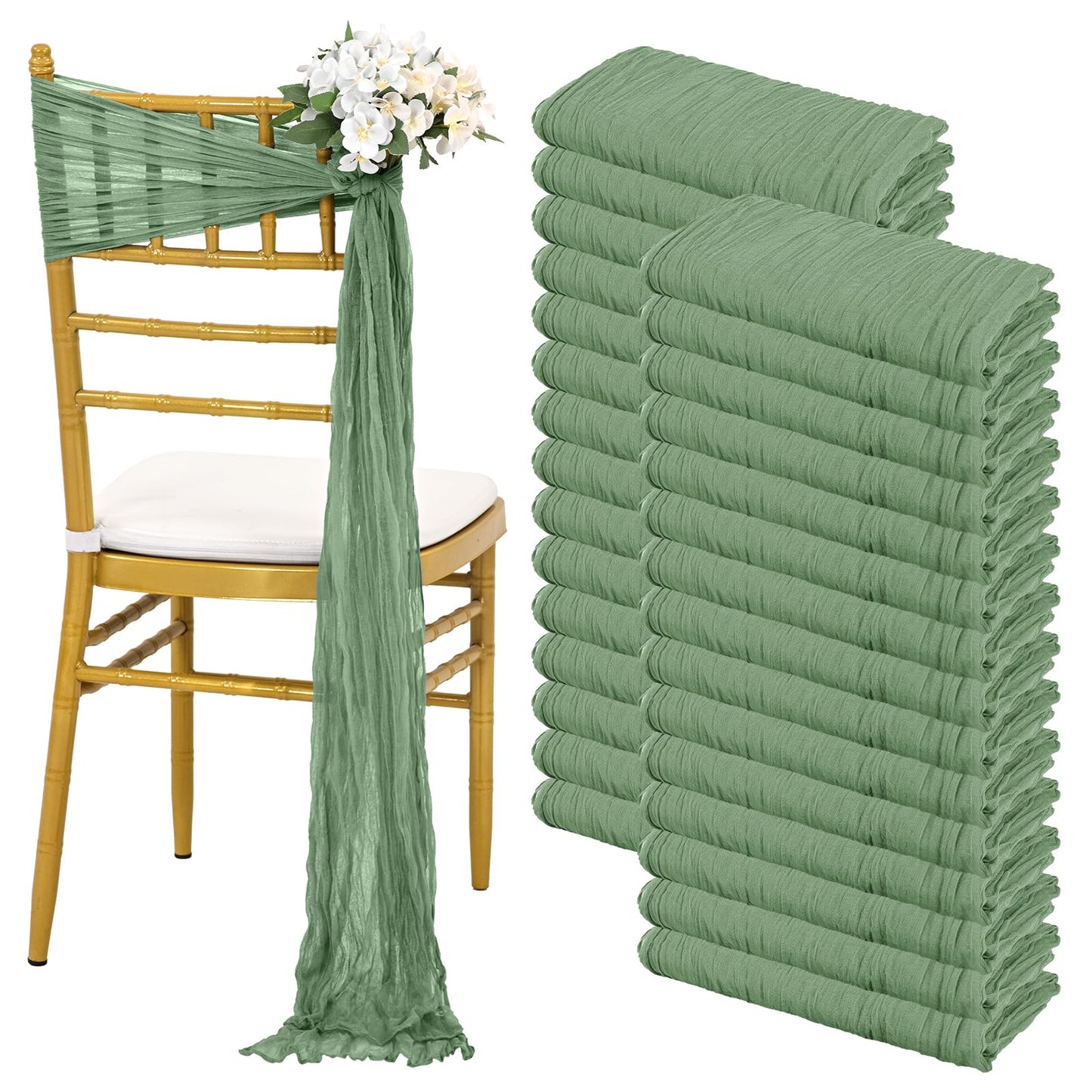 Pesonlook 30 PCS Sage Green Cheesecloth Chair Sashes 16 x 108 inch Cheesecloth Chair Sashes Rustic Chair Decorative Bows Designed Chair Cover for Wedding Banquet Party Aisle Home Kitchen Decoration