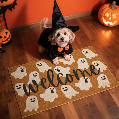 TYUU Halloween Door Mat Spooky Ghost Welcome Mat for Front Door Outdoor Entrance Doormat Coir Dirt Trapper with Non Slip Backing, 17x30, Welcome Ghost