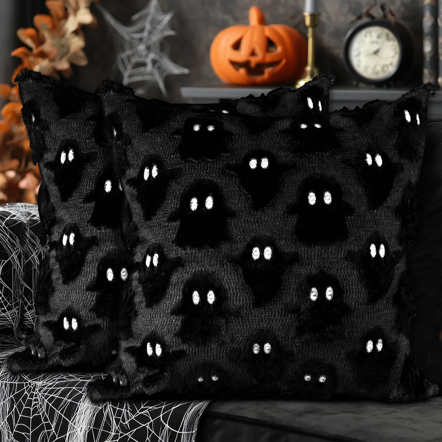 Lanpn Halloween Pillow Covers 18x18 Set of 2, Ghost Throw Pillowcases Soft Plush Faux Fur Wool Decorative Pillow Cover 18x18 Cushion Covers for Sofa Couch Chair Bed Halloween Home Decor (Black)