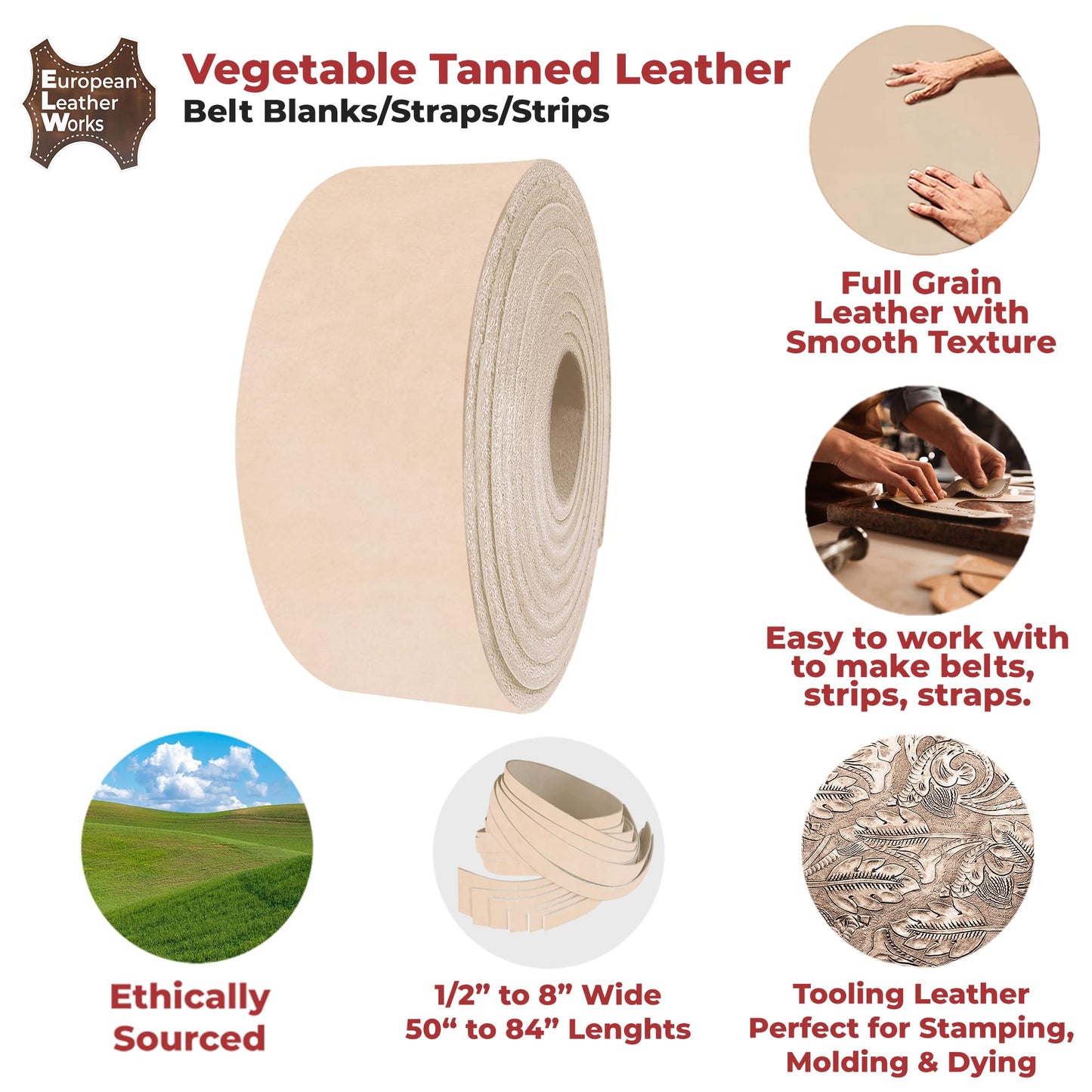 ELW Leather Strap, 7-8 Oz, 1.5 inch Wide x 40", Cowhide Veg Tan Leather Belt Blank, Leather Strips, Tooling Leather, Tan Straps for Crafts, Belt Making & Crafting Blank Hide