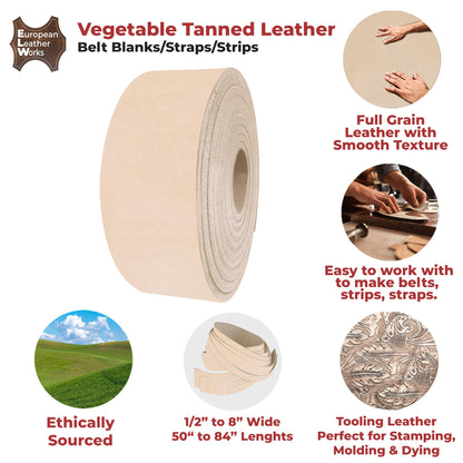 ELW Leather Strap, 7-8 Oz, 1.5 inch Wide x 40", Cowhide Veg Tan Leather Belt Blank, Leather Strips, Tooling Leather, Tan Straps for Crafts, Belt Making & Crafting Blank Hide