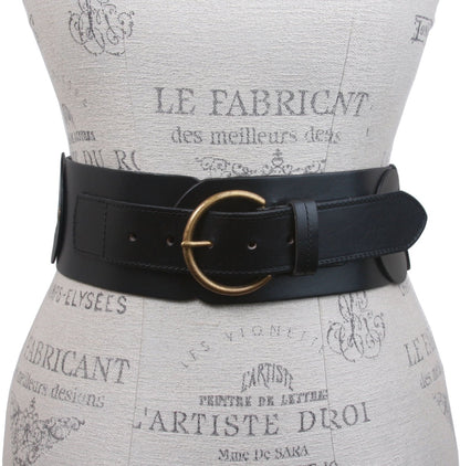 Beltiscool Ladies 3" (75 mm) Wide High Waist Round Disk Linked Braided Cowhide Top Full Grain Leather Belt, Black | 37"