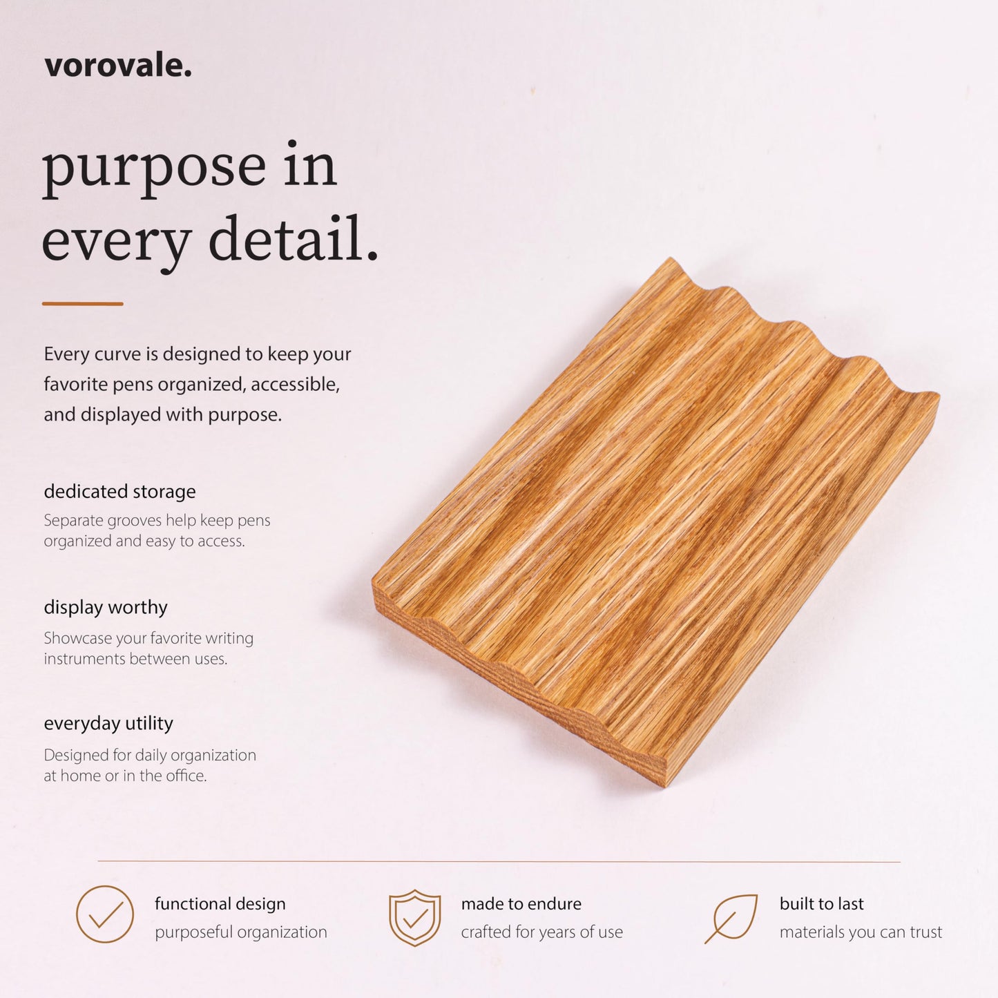 Vorovale Solid Oak Pen Tray, Minimalist Desk Organizer, Natural Wood Pen Holder with Rounded Wavy Channel, Handcrafted Office Accessory