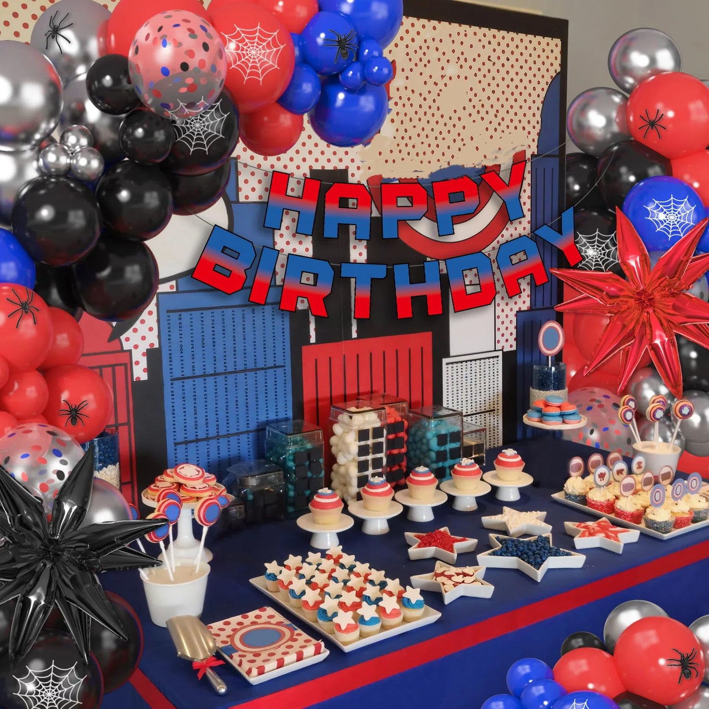 162Pcs Black Red and Blue Balloon Arch Garland Kit, Spider Theme Party Decorations with Star Foil Balloons Happy Birthday Banner for Man Boy Kids Spider Baby Shower Birthday Party Decor Supplies