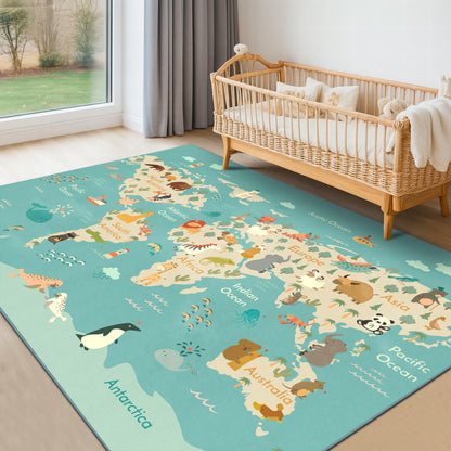 Hazo Haus Washable Large Kids Room Rug with Animal – 6x9 Educational World Map Play Mat for Bedroom – Non-Slip, Stain Resistant, Soft & Safe for Baby, Playroom Essentials - Blue Ocean