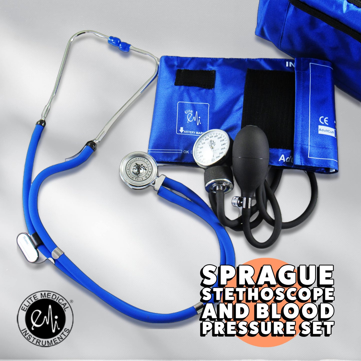 EMI Royal Blue Dual Head Sprague Rappaport Stethoscope and Manual Blood Pressure Adult Cuff Aneroid Sphygmomanometer Set