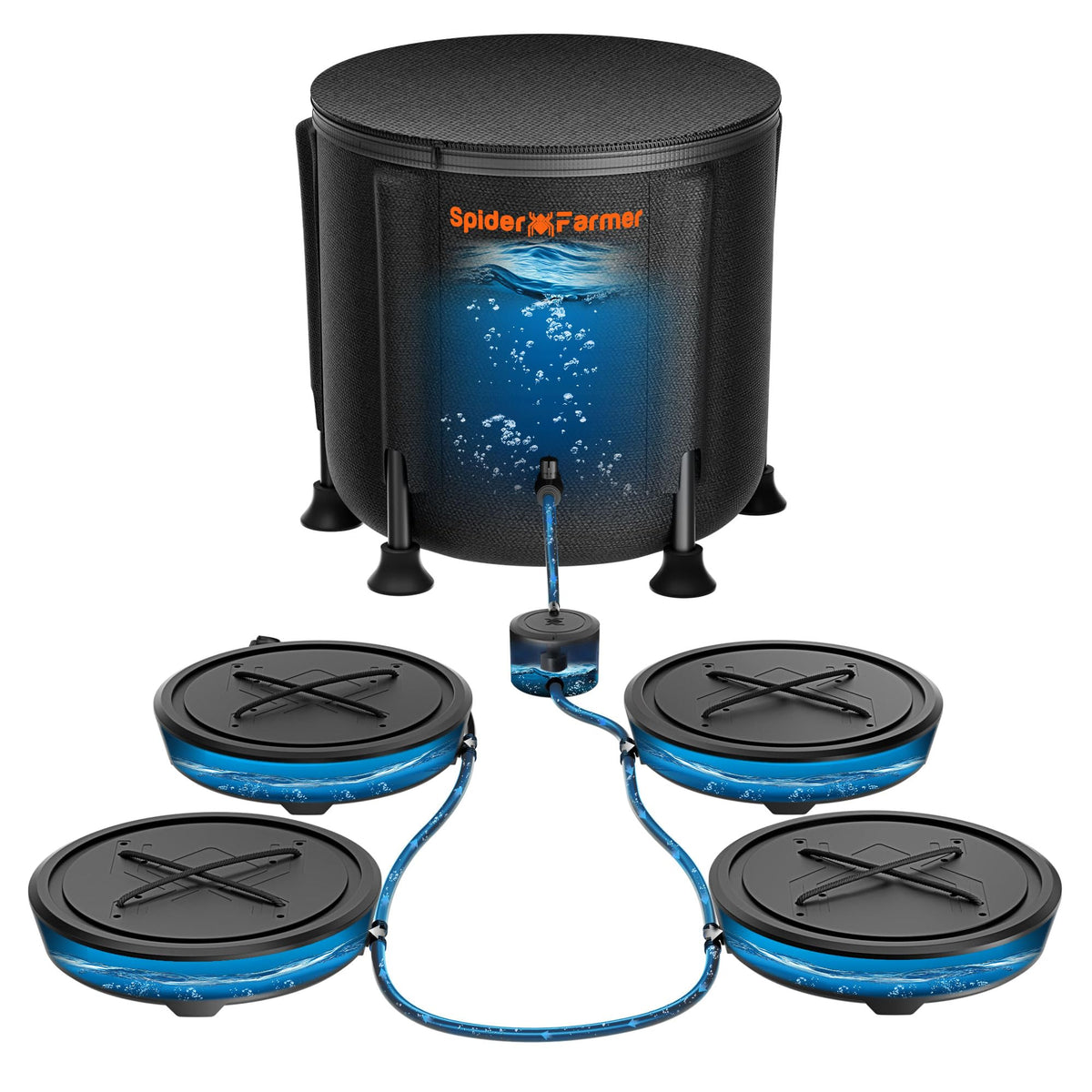 Spider Farmer Gravity-Fed Self-Watering System, 4-Pack Auto Watering System with 13 Gallon Reservoir, 4 Fabric Pot Base for Indoor Plants, Grow Tents, Greenhouses