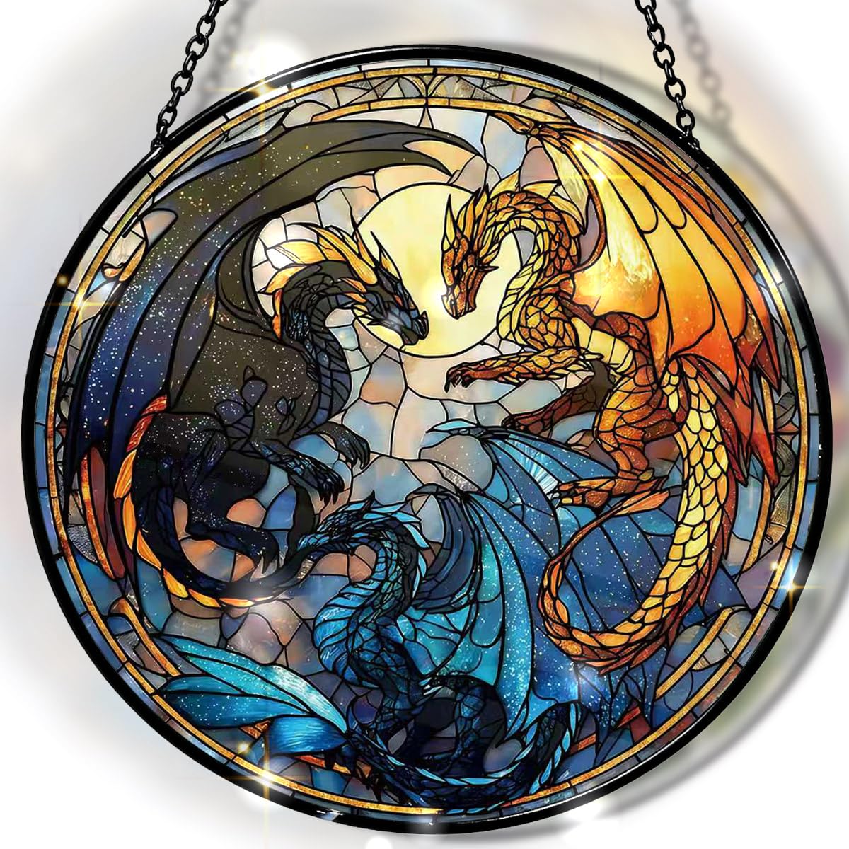 Greatingreat Dragon Stained Glass Window Hanging,7.87 Inch Bookshelf Decoration, Stained Glass Window Hanging Decoration, Whimsical Decor for Fantasy Lovers, Friends, Family, Classmates