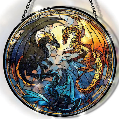 Greatingreat Dragon Stained Glass Window Hanging,7.87 Inch Bookshelf Decoration, Stained Glass Window Hanging Decoration, Whimsical Decor for Fantasy Lovers, Friends, Family, Classmates