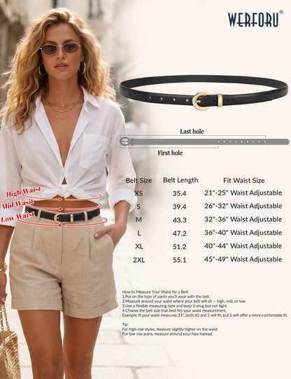 WERFORU Women Skinny Leather Belt for Jeans Pants Fashion Thin Waist Belts for Women Dress Belt with Gold Buckle,Black,Fit Waist Size 31-36 Inches
