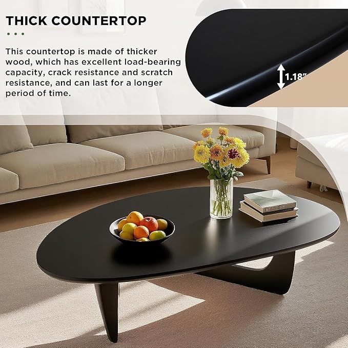 Solid Wood Triangle Coffee Table,Unique Mid Century Modern Oval Coffee Table,Irregular Geometric Tea Tables for Home Living Room with Wooden Tabletop and Reinforced Legs Black 43" L x 31" W x 16" H