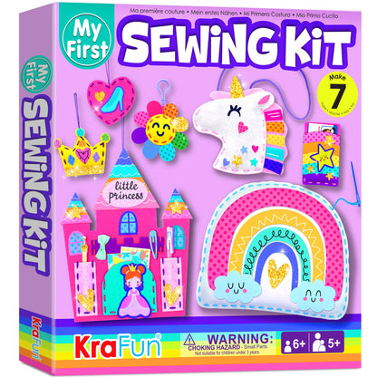 KRAFUN My First Sewing Kit for Kids Ages 5-8 - Princess & Unicorn Crafts for Girls - Make 7 DIY Felt Plush Toys with Pre-Punched Holes & Safe Plastic Needles - Educational Beginner Craft Set