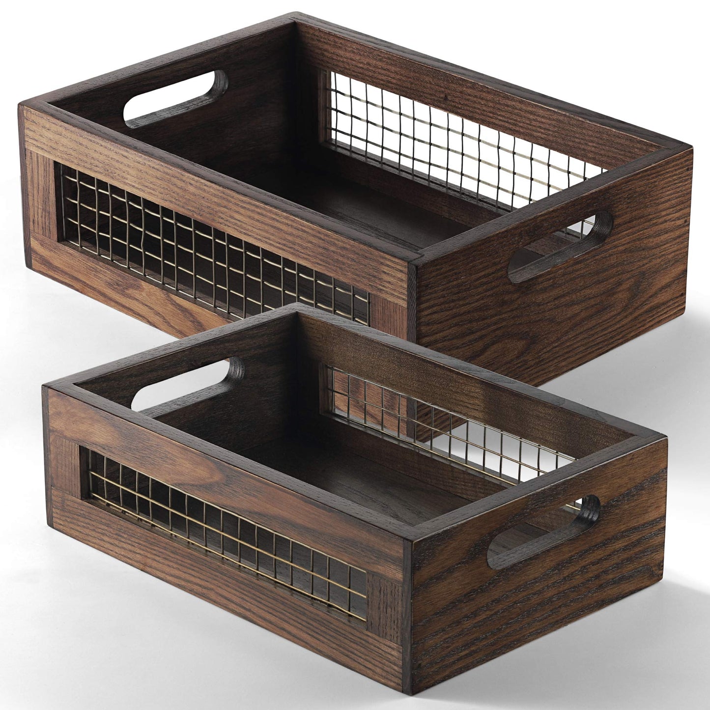 NAGAWOOD Wooden Countertop Baskets Set of 2 for Kitchen, Pantry|Wall Mount Upgrade with Full Accessories| Rustic Nesting Boxes|Wooden Organizer Crates for Vegetables, Produce, Bread