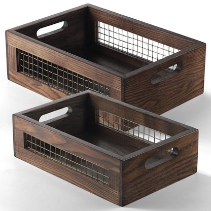 NAGAWOOD Wooden Countertop Baskets Set of 2 for Kitchen, Pantry|Wall Mount Upgrade with Full Accessories| Rustic Nesting Boxes|Wooden Organizer Crates for Vegetables, Produce, Bread