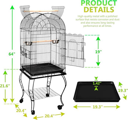 SUPER DEAL 64'' Rolling Bird Cage Large Wrought Iron Cage for Cockatiel Sun Conure Parakeet Finch Budgie Lovebird Canary Medium Pet House with Rolling Stand & Storage Shelf