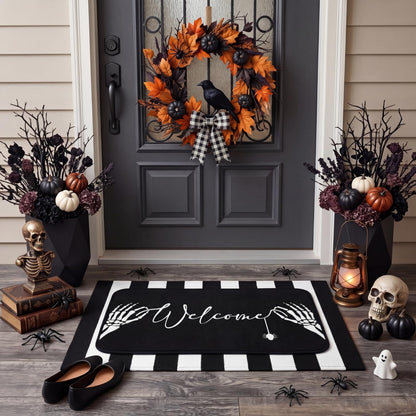 Tinideya 2 Pcs Summer Halloween Door Mats Outdoor Gothic Skull Welcome Front Doormat Linen Rubber Layered Black White Striped Skeleton Mats Nonslip Washable Halloween Decor for Front Porch Entryway