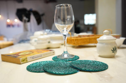 Handmade Beaded Bar Drink Tabletop Protection Coasters - Set of 4 - Halloween Harvest Autumn Fall Thanksgiving Holiday Christmas Xmas Celebration Festive Party 4" Round - Solid Teal