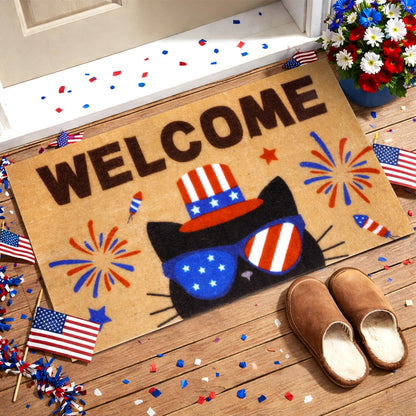 Prewplam 4th of July Patriotic Welcome Doormat- Black Cat 250th Anniversary America Coir Doormat, Front Rubber Non Slip Backing Mats for Outdoor Entryway Entrance Porch Patriotic Decor,73 x 43
