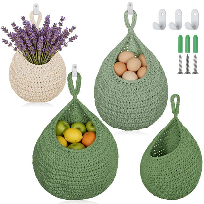 3 Pack Boho Decor Hanging Friut Baskets for Kitchen, Handwoven Cotton Wall Baskets with Hooks 3 Sizes, Hanging Holder Teardrop Produce Basket for Fruit Vegetable Potato Onion Storage, Beige & Green